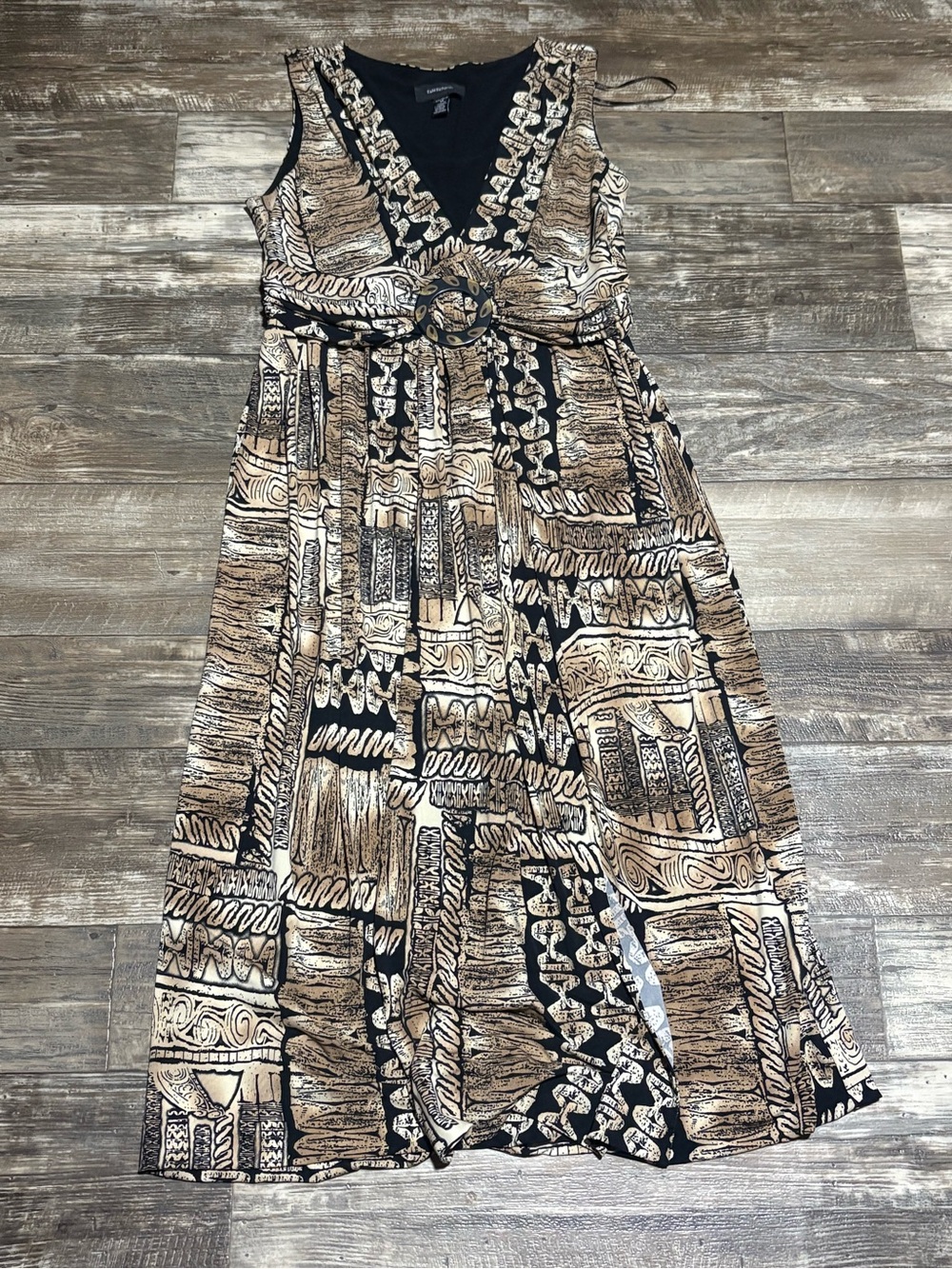 R&M Richards Black and Brown Patterned Midi Dress with Belt